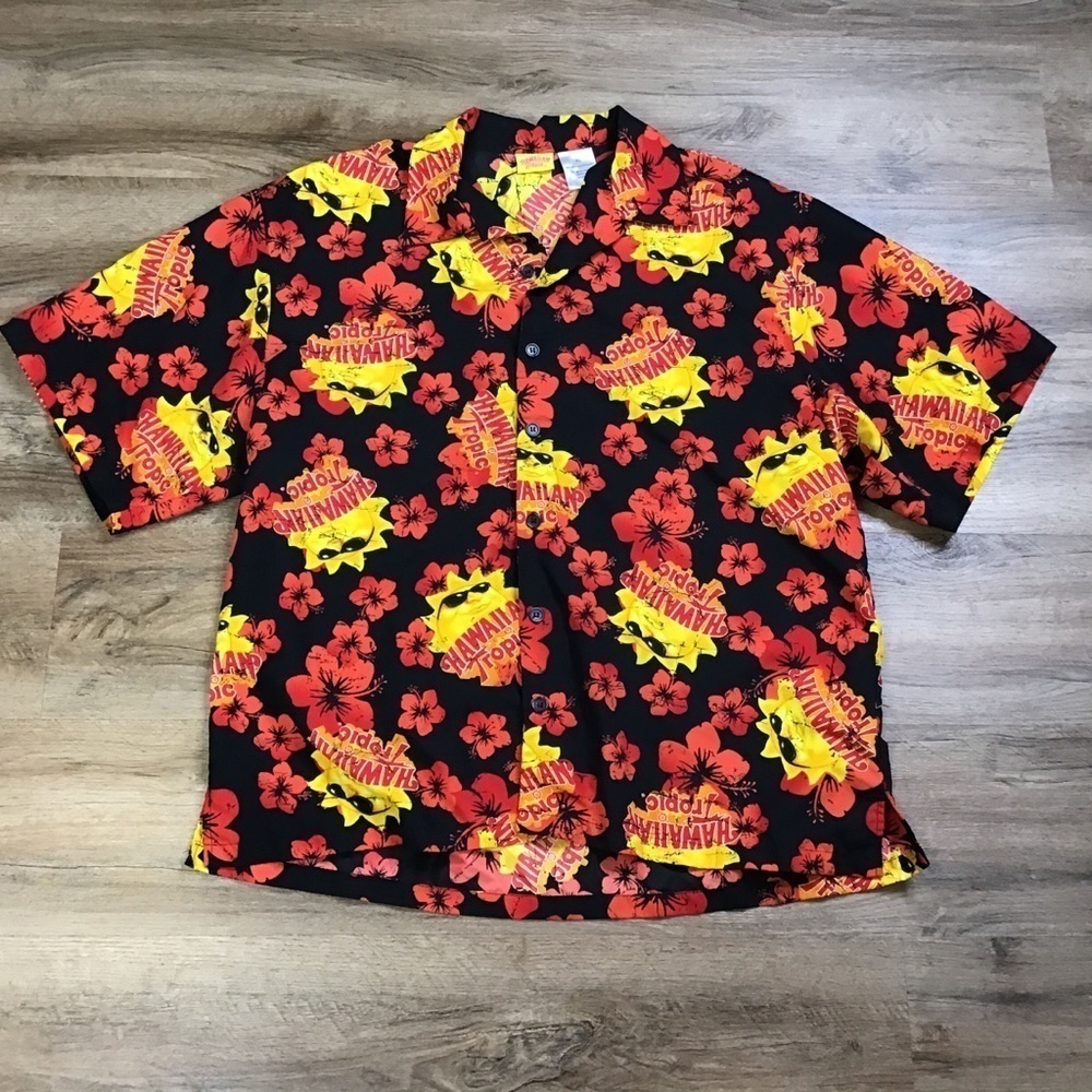 HAWAIIAN Tropic Brand Shirt Size XL Sun Logo Floral Print Aloha Black Red